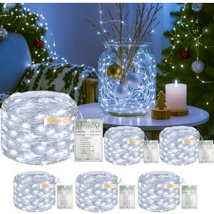 6 Pack 16FT 50 LED Fairy Lights Battery Operated with Timer, 8 Modes USB Mini Twinkle Light, Small String Lights for Christmas Tree Wreath Vase Bedroom DIY Wedding Decorations-Cold White