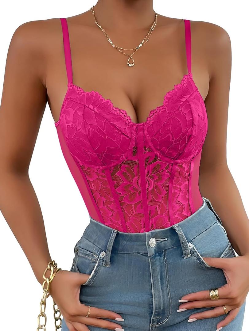 Lilosy Sexy Mesh Sheer Floral Lace Corset Lingerie Bodysuit Bustier Cami Top (Large, Hot Pink)