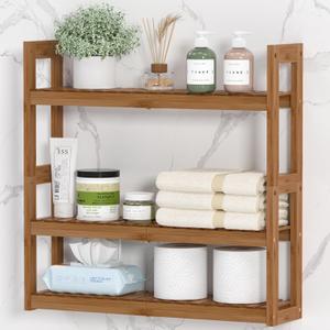 Domax Adjustable 3 Tier Bamboo Wall Shelf 23.6" Wall Mounted Bathroom Storage Rack Over The Toilet Shelves for Bathroom, Kitchen, Living Room,Walnut