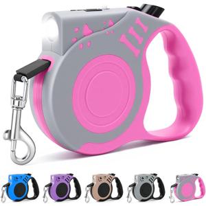 Retractable Dog Leash with USB Rechargeable Flashlight for Night Walks, 16FT Automatic Telescopic Tractor Dog Leash for Small and Medium Dogs, Pink