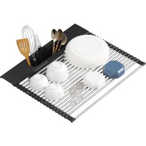 Roll Up Dish Drying Rack Over Sink, 17.5" x 15.2" Foldable SUS304 Stainless Steel Kitchen Dish Drainer, Heat-Resistant Multipurpose Rolling Sink Rack Organizer,Black
