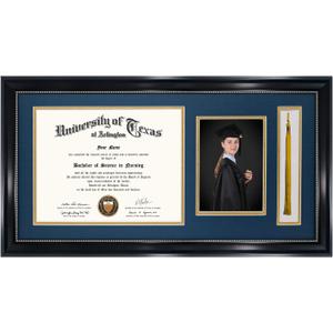 GraduationMall 11x22 Black Diploma Frame with Tassel Holder and Picture for 8.5x11 Certificate 5x7 Photo,Real Glass,Navy over Gold Mat