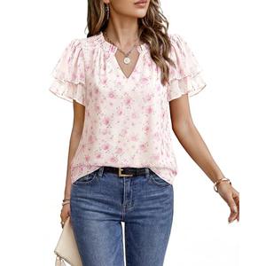 Timeson Womens Short Sleeve Blouses: Trendy Elegant Chiffon Wrinkle Free V-Neck Women Tops Dressy Casual Work Office Tall Curvy Business Casual Shirts for Women Summer Professional Formal Clothes M