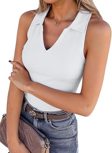 SANDERY Womens Ribbed Tank Top Sleeveless Tops Collared V Neck Polo Shirts Slim Fit Knit Basic Going Out Tops 2025 Small, White 