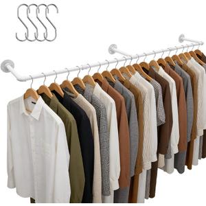 Aduanbang 65.7in Industrial Pipe Wall Mounted Clothes Rack, Heavy Duty Detachable Iron Garment Bar, Rustic Space-Saving Hanging Rod for Bedroom, Closet  White,4 hooks (1)