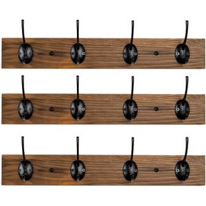 Coat Hooks Wall Mounted, Wooden Hat Rack with 4 Hooks for Entryway, Bathroom,Bedroom (3 Pack,Brown)