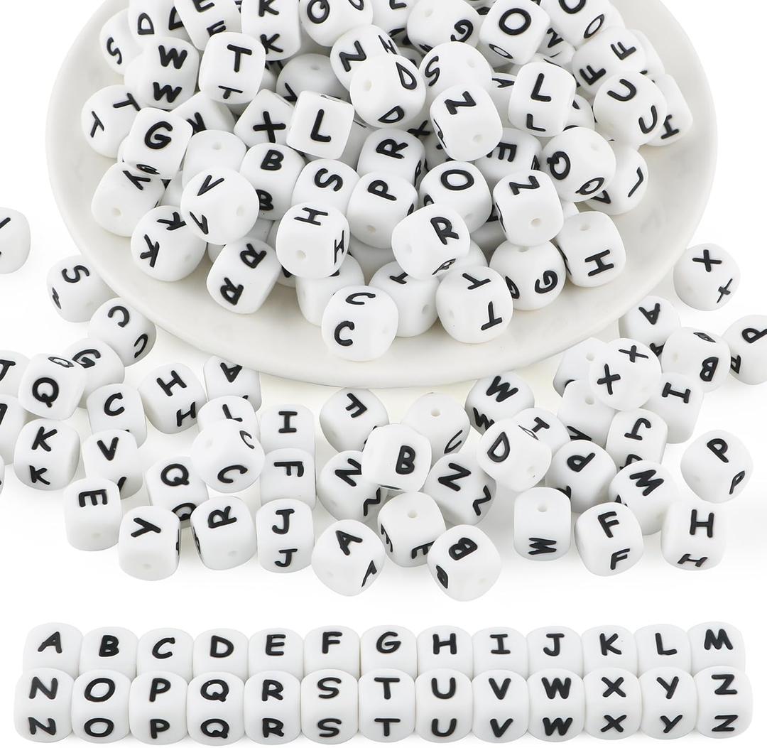 130Pcs 12mm White Square Silicone Letter Beads A-Z, Cube Alphabet Silicone Beads for Keychain Making, Ideal for Necklace Bracelet Pens and DIY Crafts