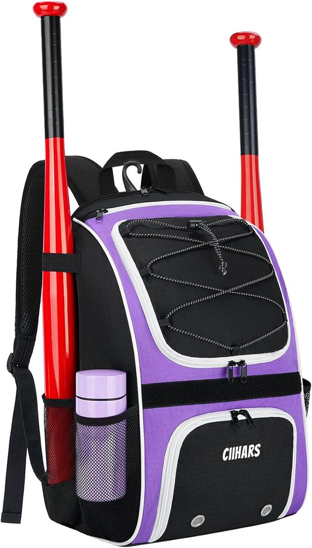 Youth Baseball Bag - Baseball Backpack Bat & Glove Holder, T-Ball & Softball Equipment & Gear,Large Main Compartment for Helmet & accessories, Fence Hook，Insulation Pocket