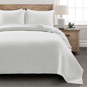 Lush Decor Solid Kantha Pick Stitch Yarn Dyed Cotton Woven 3 Piece Quilt/Coverlet Set, King, Off-White