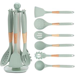 Cooking Kitchen Utensils Set, 7PCS Silicone Cooking Utensil Set with Rotating Holder, Heat Resistant Kitchen Essentials, Kitchen Gadgets for Cookware (Green)