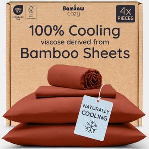 Bambaw 100% Viscose Derived from Bamboo Sheets Full Size Set 4pcs Set of Full Size Bed Sheets Cooling and Soft, with Elastic Corner Straps, Bedding for Night Sweats (Terracotta)