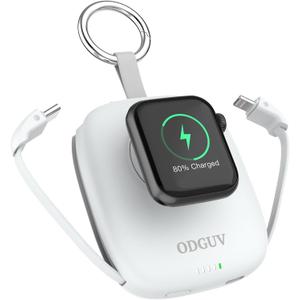 Small Portable Charger 5000mAh,iWatch Wireless Charger Mini Power Bank with Built-in Cable,Travel Keychain Charger for Apple Watch 10/9/Ultra2/8/Ultra/7/6/Se/5/4,iPhone 17/16/15/14/13/12,Android Phone (white)
