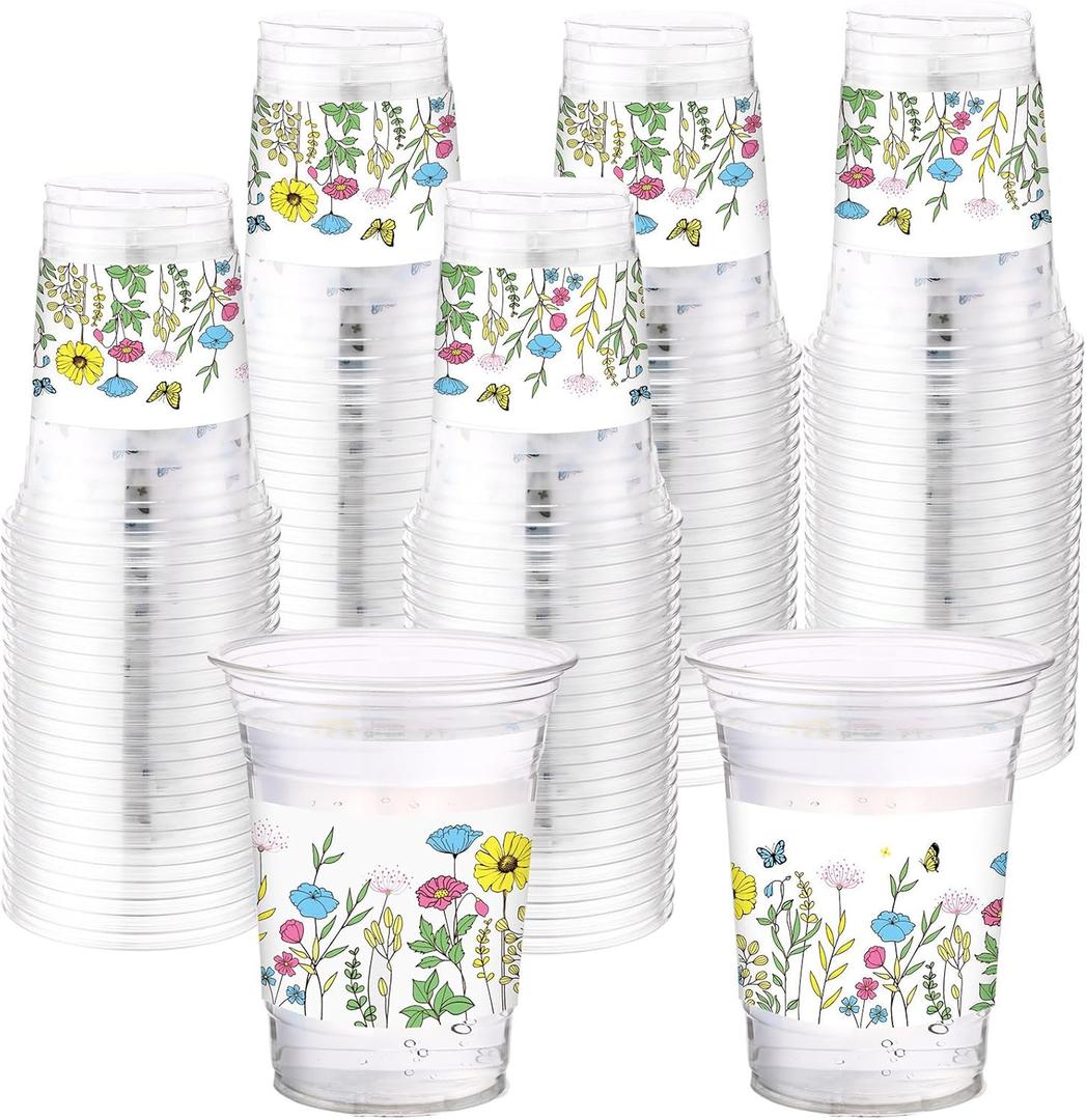 Hushee 60 Pcs Floral Cups with Spring Summer Flower 16 oz Wildflowers Plastic Disposable Drinking Cups for Summer Spring Birthday Baby Shower Party Supplies(Wild Floral)