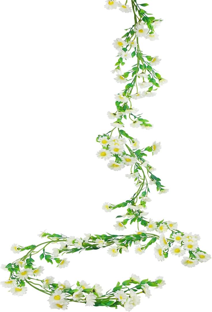 CISDUEO Artificial Daisy Flowers Vine Silk Wildflower Garland Spring Fake Flower Vine Hanging Ivy White Daisy Flowers Green Leaves for Wall Party Wedding Arch Floral Decor Home Indoor Outdoor Ceremony