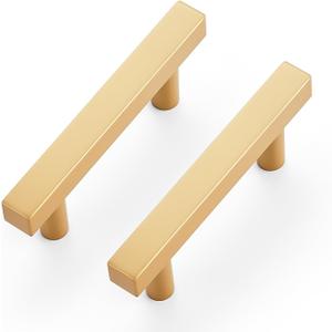 Ravinte 5 Pack Brass 2-1/2 Inch Hole Center Champagne Gold Handles Square Cabinet Hardware Stainless Steel Pulls for Kitchen Cupboard Drawers 4 Inch Overall Length