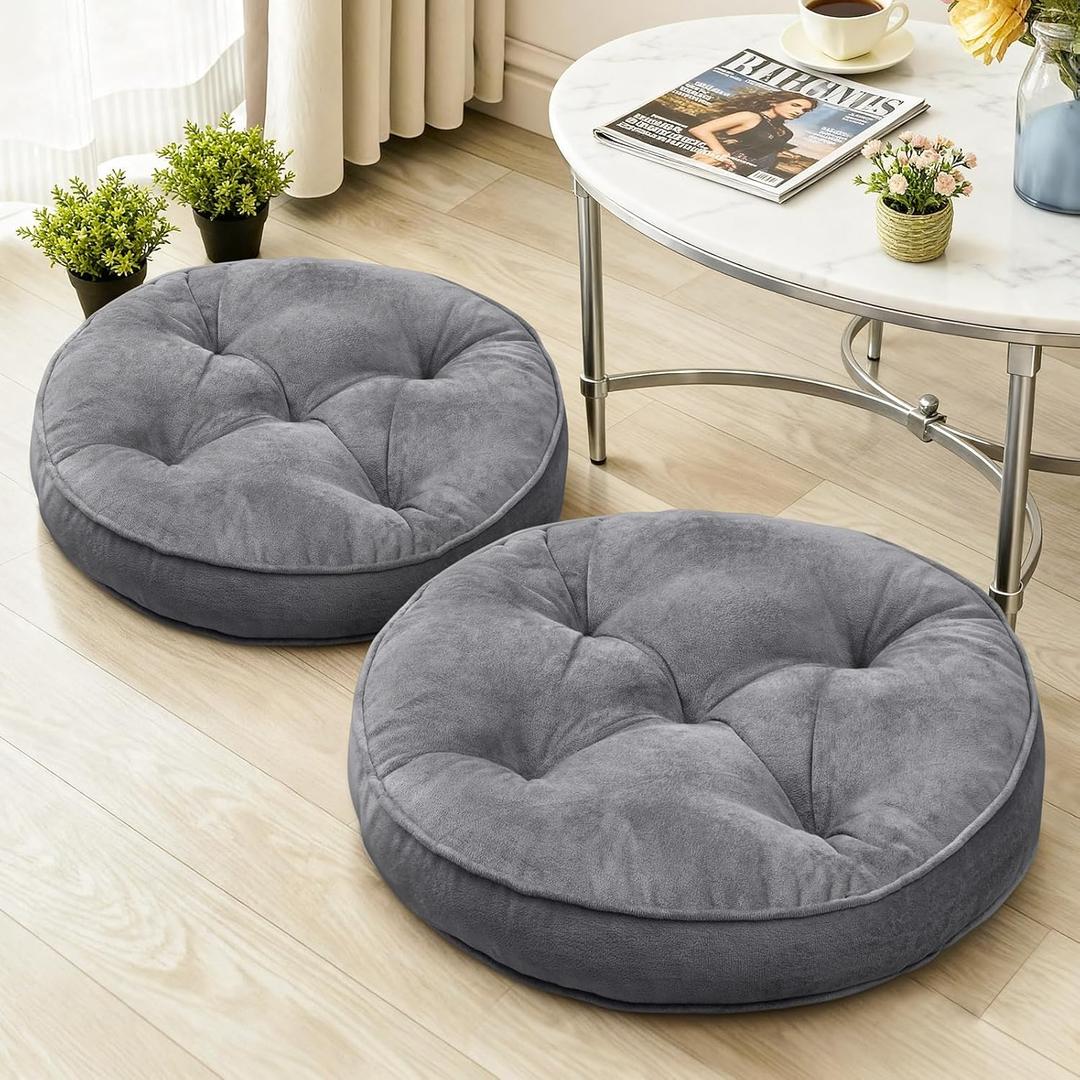 2 x 1 MIDDLE ONE Floor Pillow Set of 2, Memory Foam Meditation Cushion, Floor Cushions for Adults Sitting, Large Round Seat Cushions for Yoga, Living Room, 20x20 Inch (Round | Grey)