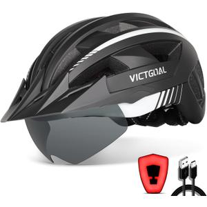 VICTGOAL Bike Helmet with USB Rechargeable Rear Light Detachable Magnetic Goggles Removable Sun Visor Mountain & Road Bicycle Helmets for Men Women Adult Cycling Helmets (M: 54-58 cm, Black White)
