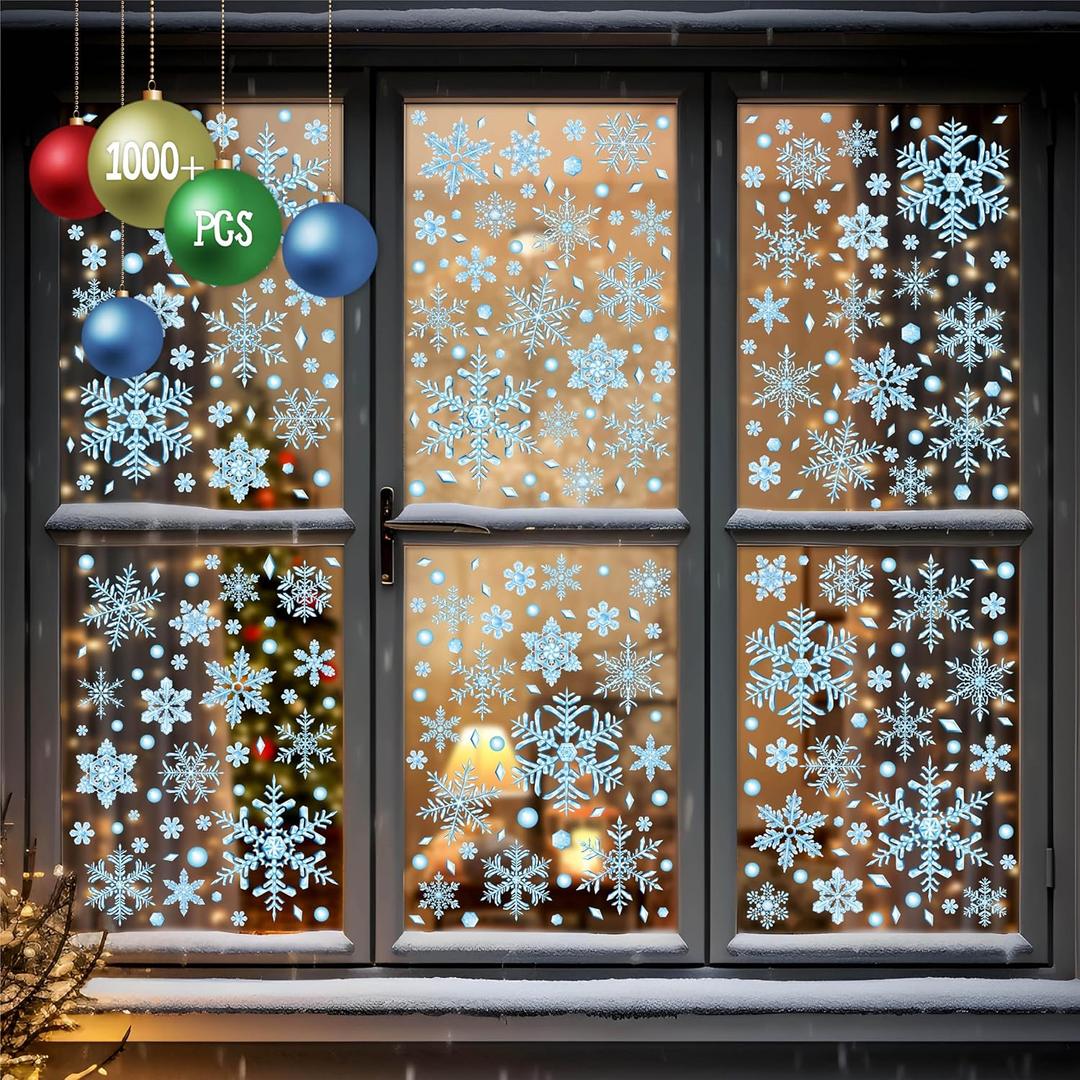 4 x 1000+ Double Sided Snowflake Window Clings, 30+ Designs Blue Static Stickers Window Decoration Christmas Ornaments Reusable Winter Party Supplies New Year Decals for Winter Holiday (10 Sheets)
