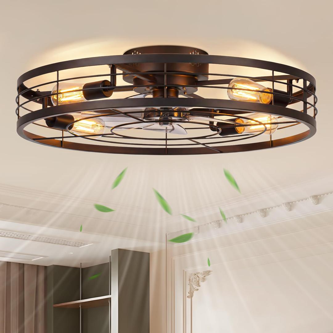 VOLISUN 27.6'' Caged Ceiling Fan with Light and Remote,Rustic Low Profile Ceiling Fan with Light Flush Mount, Farmhouse Bladeless Fandelier Ceiling Fans with Lights for Kitchen,Bedroom-Black