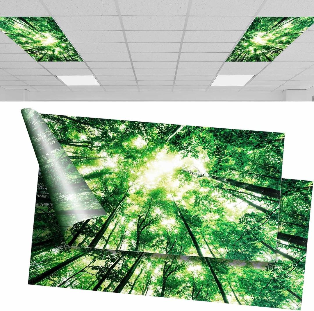 Amylove 2 Pcs Fluorescent Light Covers Classroom Ceiling Panels Light Filters with Backlit Film Material for Office School Home Hospital Decor, 4 x 2 Feet(Forest)