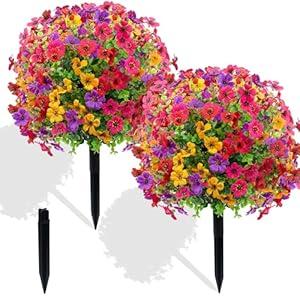 Artificial Boxwood Topiary Ball Tree Set of 2, 25.2" UV Resistant Artificial Outdoor Shrubs with Ground Spike, Decorative Evergreen Fake Topiary Bushes Plant for Front Porch Garden Decor