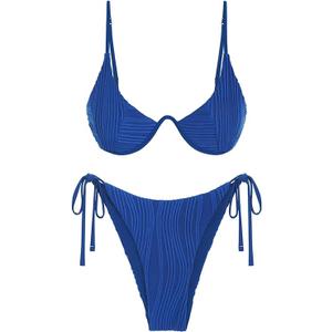 ZAFUL Women's Textured Underwire Bikini Set V Notch High Cut Swimwear Tie Side Ribbed Sexy Swimsuits (X-Small, Blue)