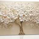 Large Tree of Life Canvas Wall Art Gold and White Big Tree Painting Picture Wall Decor Botanical Floral Poster Print Artwork for Office Living Room Dining Bedroom Home Decoration, 40"L x 20"W