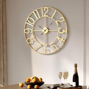 Gold Wall Clock 16 Inch, Decorative Wall Clocks Battery-Operated, Modern Metal Round Clock Silent Non Ticking Arabic Numerals for Living Room Kitchen Mantel Bedroom Office, Gold Wall Decor
