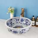 18 Inch Bathroom Vessel Sink with Bamboo Shape Faucet and Pop-Up Drain Combo,Blue and White Porcelain Ceramic Vessel Sink Bowl Above Counter Round Bathroom Sink Basin, 18x18x6 inches