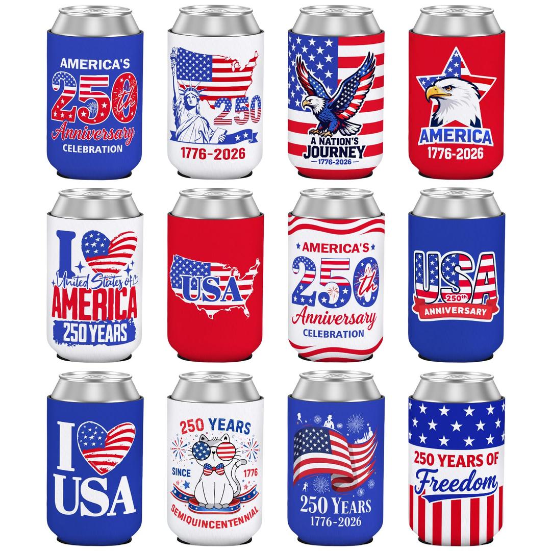 4th of July Can Cooler Sleeves 250th Anniversary Insulated Can Coolers 4th of July Accessories Drink Holder Covers for Independence Day Party Favor Decor Supplies