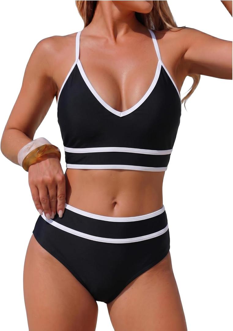 ZAFUL Women's High Waisted Tankini Scoop Neck Knotted Two Pieces Tankini Set Swimsuit (Black, M)