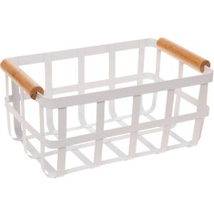 Simplify Rectangular Metal Storage Basket with Bamboo Handles | Large | Farmhouse Style Wire Basket | Home Organizer | Decorative | Rustic | White