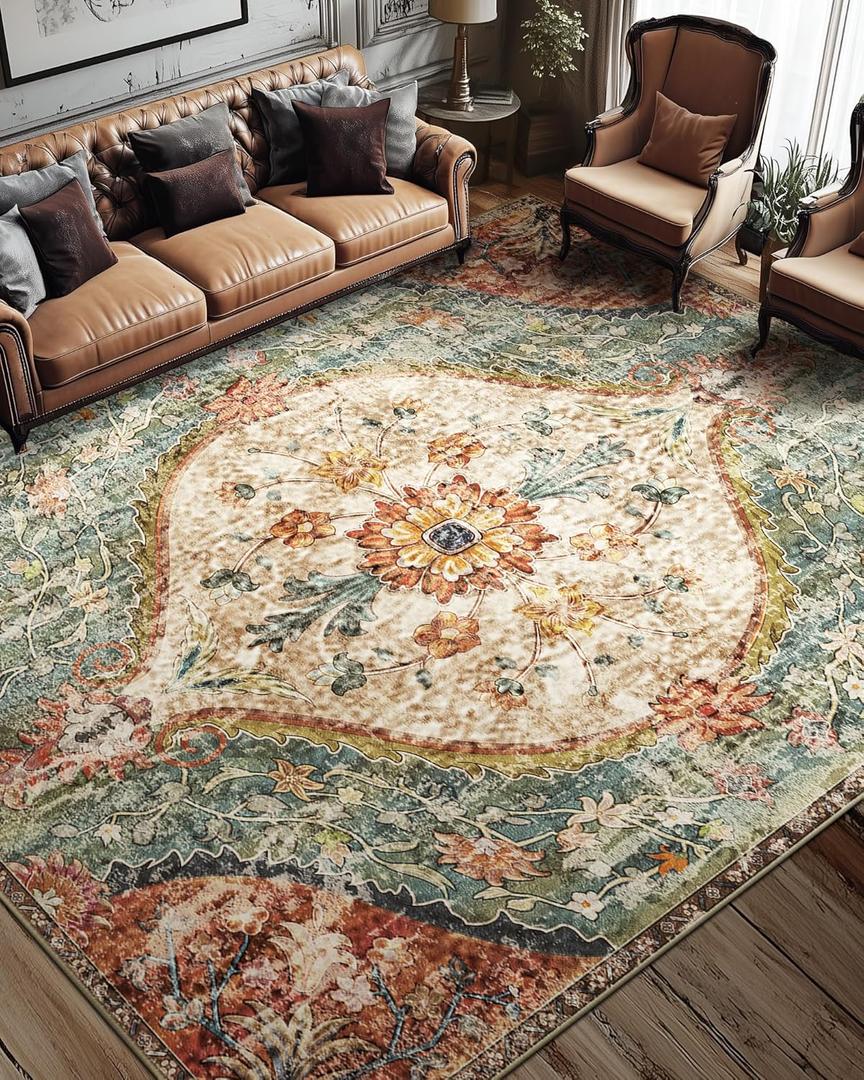 8x10 Rug, Washable Vintage Boho Carpet, Non Slip Low Pile Water Repellent Soft Print Pattern Indoor Rug for Living Room & Bedroom, Beige Red Green