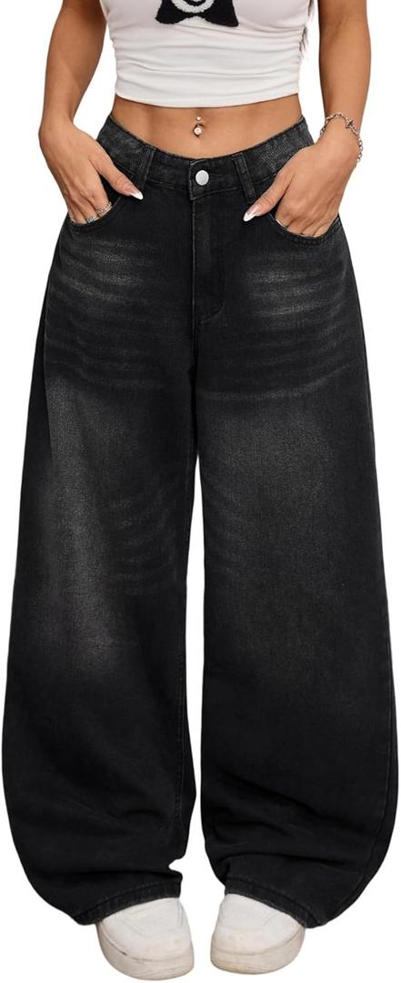 Womens Baggy Jeans Wide Leg Denim Pants Y2k 90s Vintage Hip Hop Loose Long Trousers Streetwear (XX-Large, H28 Black)