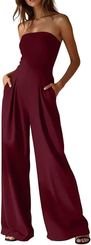 XXTAXN Women's Sexy Elegant Strapless Tube Sleeveless Cocktail Party Work One Piece Wide Leg Jumpsuit With Side Pocket Winered (Red)