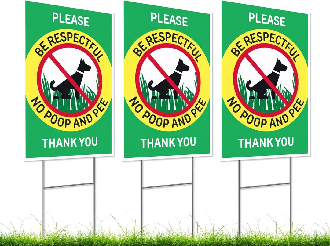 Set of 3 Double Sided 12x8 Inches Please Be Respectful No Poop And Pee Thank You Sign with Metal Stakes - No Pet Pooping or Waste or Poop - No Pooping and No Peeing Dog Yard Signs