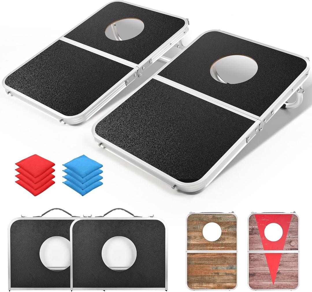ROPODA Portable Cornhole Board Set,24 x 16 in Corn Hole Games for Adults with 8 Bean Bags, Lightweight Aluminum Alloy Edging Cornhole Set for Outdoor GamesBeach and Tailgates. (Black)