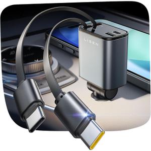 LISEN for iPhone 16 Car Charger Fast Charging 69W Retractable Car Charger with Dual Type C Cables USB C Car Charger Adapter for 17 iPhone 15 Pro Max, Samsung Galaxy S25, iPad Air, Google Pixel 10 Pro