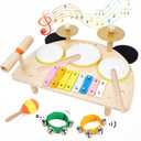 Kids Drum Set, Montessori Musical Instruments for Toddlers 1-3, Wooden Baby Musical Toys, Musical Activity Table Preschool Learning Xylophone Drum Kit, Christmas Birthday Gift for Boys Girls Ages 1-3