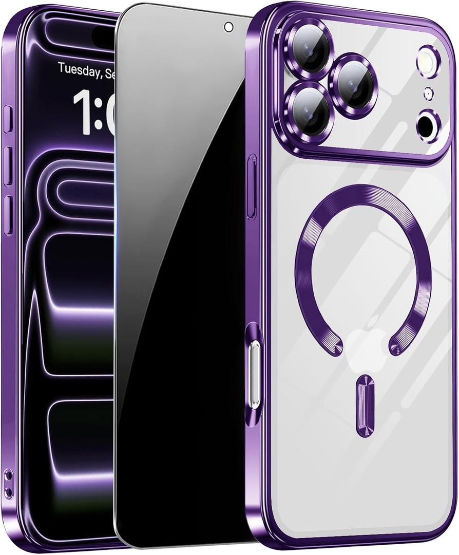 Magnetic for iPhone 17 Pro Max Case with Privacy Screen Protector & Full Camera Cover [Fit for MagSafe] [Non-Yellowing] Metal Glossy Soft Shockproof Clear Case for 17 ProMax,Deep Purple