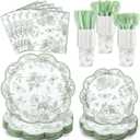 NatNarr 175 Pcs Sage Green Floral Plates and Napkins 25 Guest Scalloped Toile Chinoiserie Party Supplies Includes Floral Plates Napkins Cups Plastic Cutlery for Wedding, Bridal&Baby Shower, Tea Party, medium