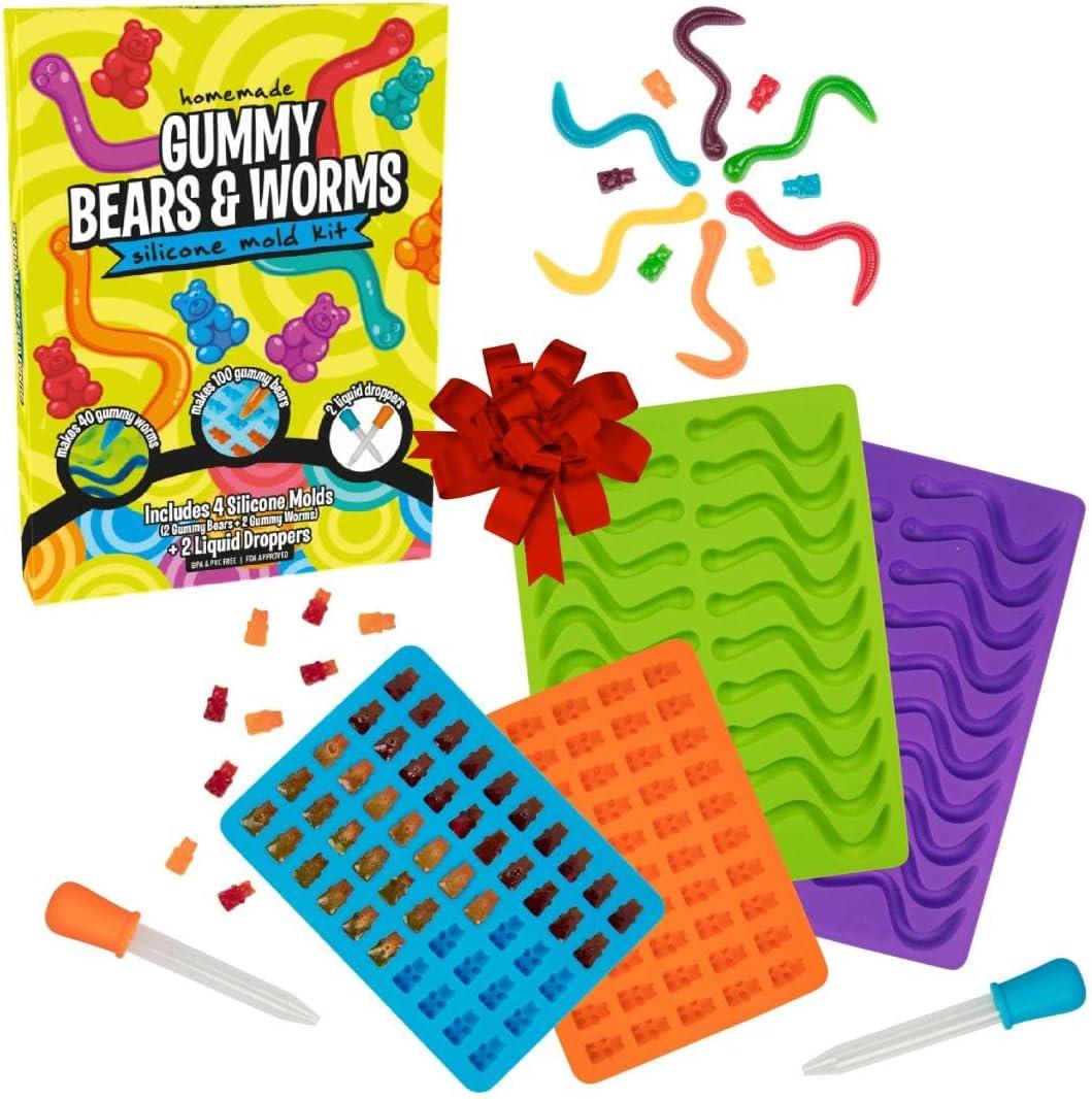 Gummy Bear & Worm Silicone Candy Molds (4pk) BPA-Free Nonstick Trays w 2 Droppers for Chocolate, Ice Cubes & More-Make up to 140 Candies for Holiday Parties-Fun Winter Activity, Gift, Stocking Stuffer
