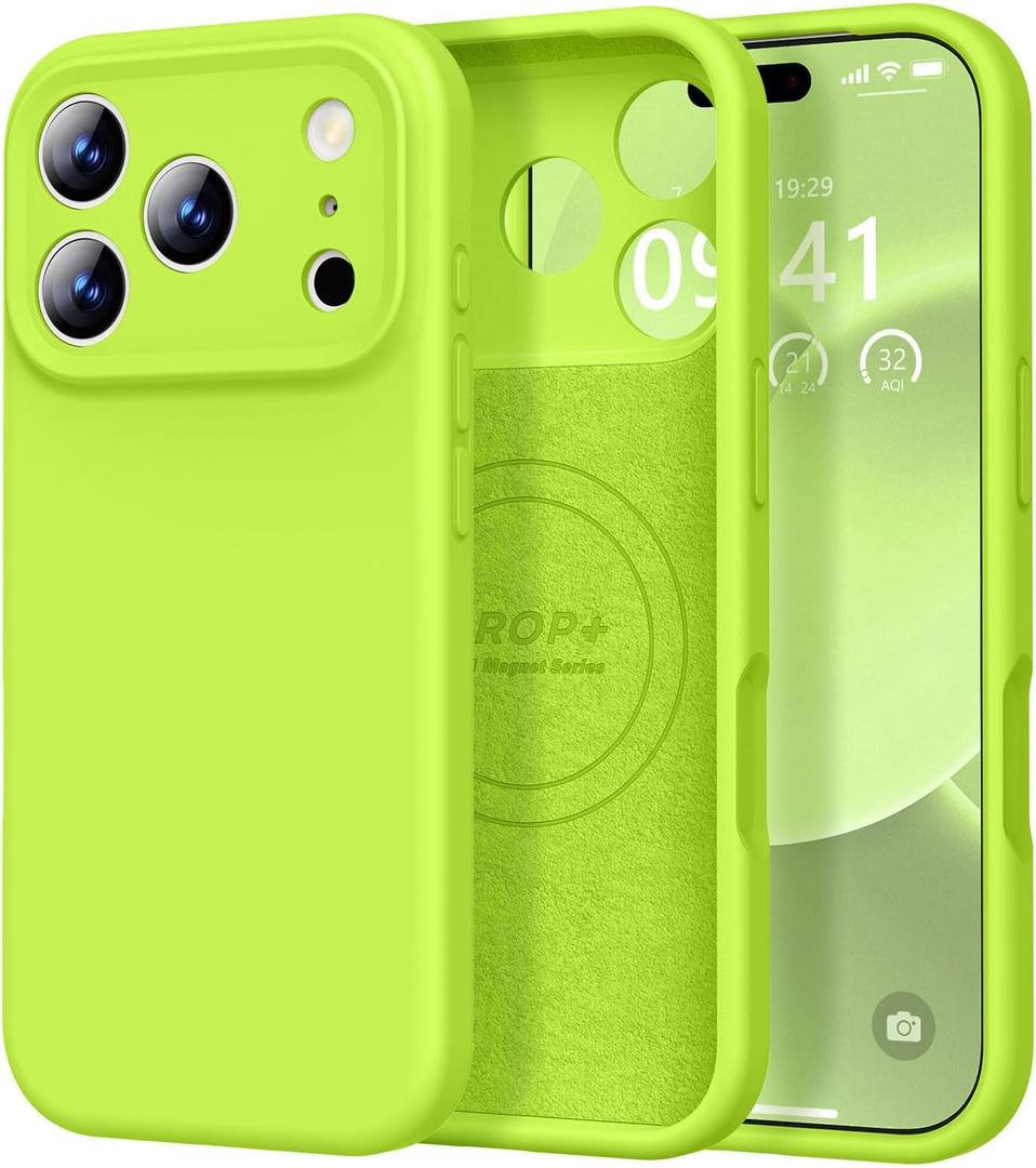 Vooii Magnetic for iPhone 17 Pro Max Case, Compatible with Magsafe (Premium Liquid Silicone) (Integrated Camera Control Button) Full Body Protective Anti-Scratch Microfiber Lining, Fluorescent Green