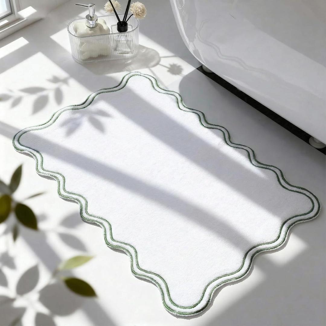 1 Pcs Scalloped Bath Mat Towel 18 x 27 in Nonslip Bath Mat 100% Cotton Preppy Bathroom Rug White with Embroidery Cute Design for Shower Floor, Bathroom Decoration (Green)
