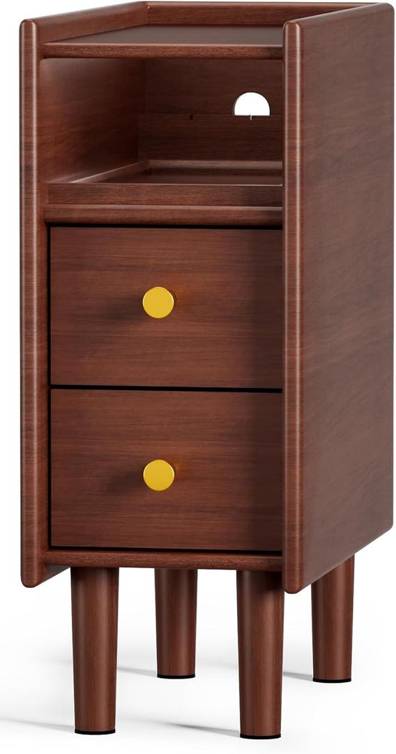 Huolewa Narrow Nightstand with 2 Drawers - Solid Wood Narrow Side Table with Open Shelf for Small Spaces, Couch, Bedroom, Living, Office - Small Bedside Table, End Tables (Walnut, 7.87 inch)