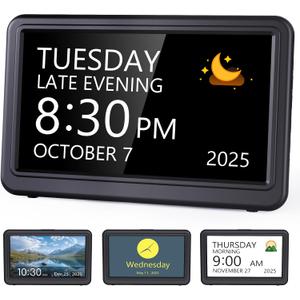 Raynic Date Clock, Digital Clock with 12 Themes, 20 Alarms, 20 Reminders, Semi-Automatic Dimming, 12/24 Hours, Auto DST Clock for Seniors Desktop, Office, Students (Black, 7 Inches)