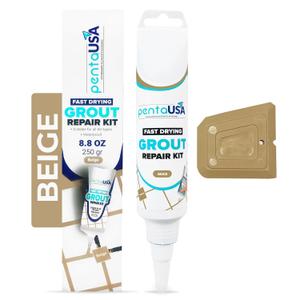 PentaUSA Tile Grout Repair Kit - Beige Grout Filler, Triple Protection, Fast Drying Formula Restores and Renews Joint Lines with Scraper (Beige, 8.8oz / 250gr)