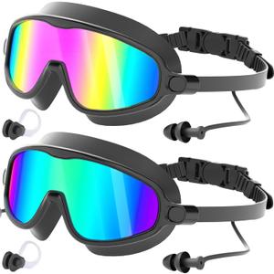 COOLOO Swim Goggles 2 Pack, Wide View No Leaking Swimming Goggles, Anti-fog & Anti-UV Adult Swim Goggles for Men Women Youth (1-black/Rainbow Mirrored Lens)