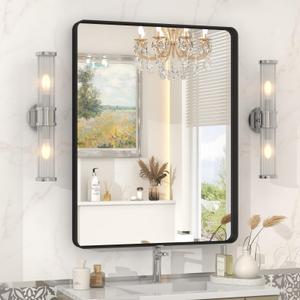 VANLIO 22x30 Inch Black Metal Framed Mirror for Bathroom, Matte Black Vanity Mirror, Rounded Rectangle Bathroom Mirror, Anti-Rust, Shatterproof (Horizontal/Vertical) 30"L x 22"W, Black