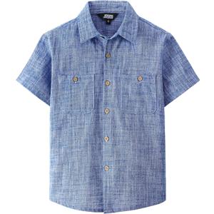 JOGAL Boys Chambray Shirts Short Sleeve Button Down Shirt for Kids | 100% Cotton, Linen Feel, Button Up, Lightweight, Two Pockets, Regular Fit, Casual, Woven, Easter,  Size 14 (Blue)